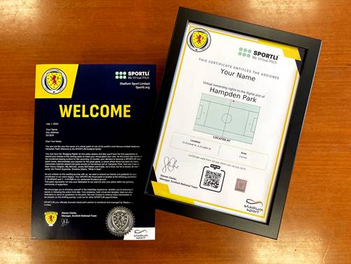 Sportli Virtual Pitch - Welcome letter and framed certificate